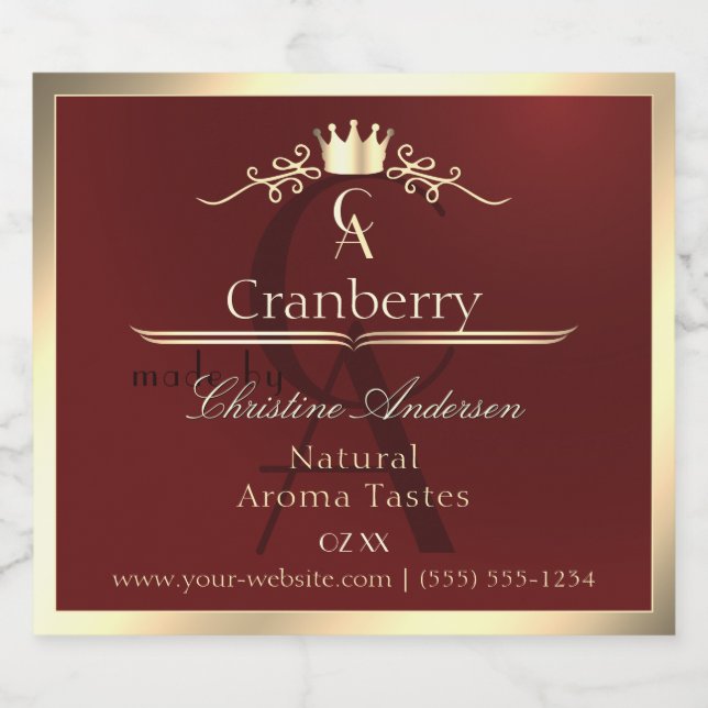 Wine Red Product Label with Gold Frame Monogram (Single Label)