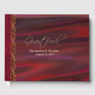Wine Red Satin and Gold Look Wedding Guest Book