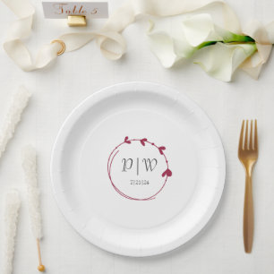 Wine Red Simple Heart Wreath Monogram Wedding Paper Plate