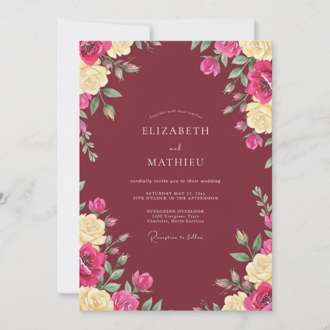 Wine Red Sophisticated Floral Wedding Invitation (Front)