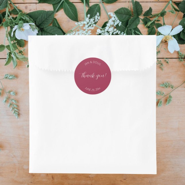 Wine Red Stylised Wedding Thank You Classic Round Sticker (In Situ Wedding)
