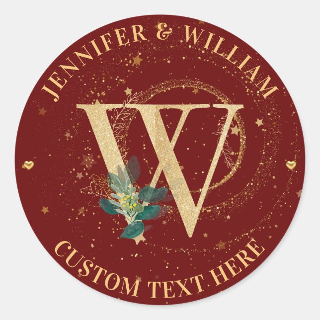 Wine Red Topography Monogram Gold W Wedding Classic Round Sticker (Front)