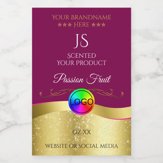 Wine Red Wavy Gold Logo Monogram Product Label (Single Label)