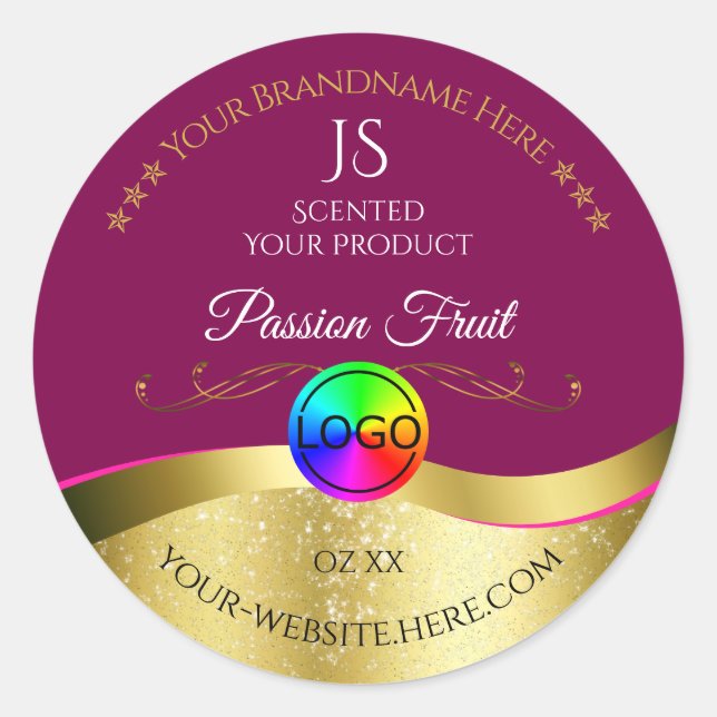 Wine Red Wavy Gold Logo Monogram Product Label (Front)
