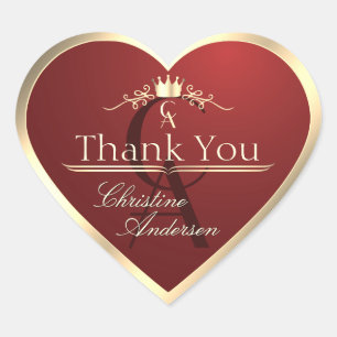 Wine Red with Gold Border and Monogram Thank You Heart Sticker