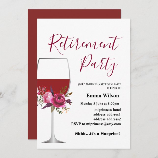 wine, retirement invitation, for woman invitation (Front/Back)