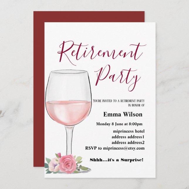 wine, retirement invitation, for woman invitation (Front/Back)