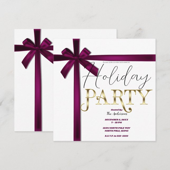 Wine Satin Ribbon Bow Christmas Holiday Party Invitation (Front/Back)