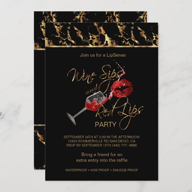 Wine Sips and Red Lips Lipsense Party Invitation (Front/Back)