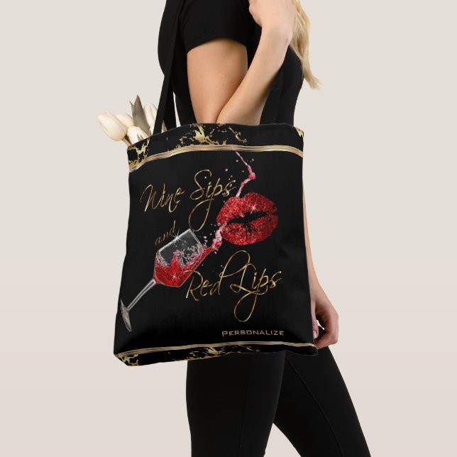 Wine Sips and Red Lips - Marble Tote Bag (Close Up)