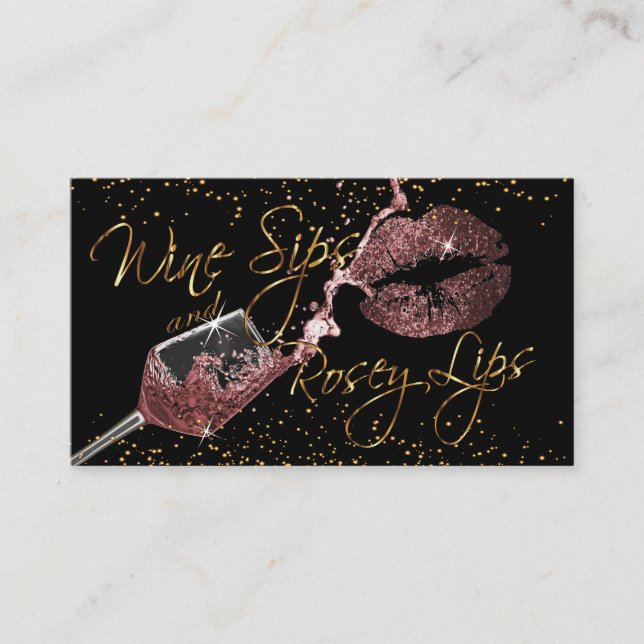 Wine Sips and Rosey Lips - Dusty Rose Business Card (Front)