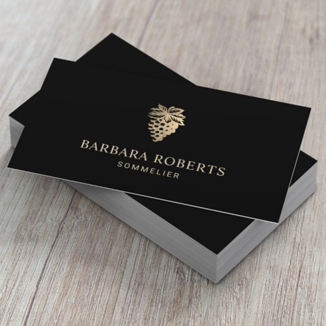 Wine Sommelier Gold Grapes Logo Plain Black Business Card (Creator Uploaded)
