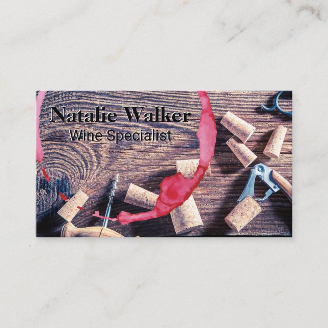 Wine Stain | Corks on Wood Table Business Card (Front)