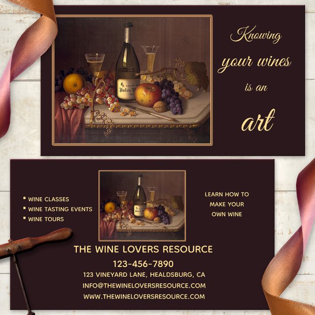 Wine Still Life Art Classes Events Business Card (Artistic business card featuring a still life painting with wine. Wine tasting, wine tours, winery)