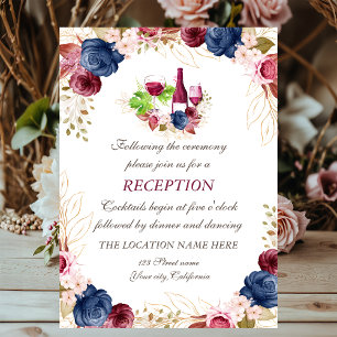 Wine Tasring Floral Navy Blue  Wedding Reception Invitation