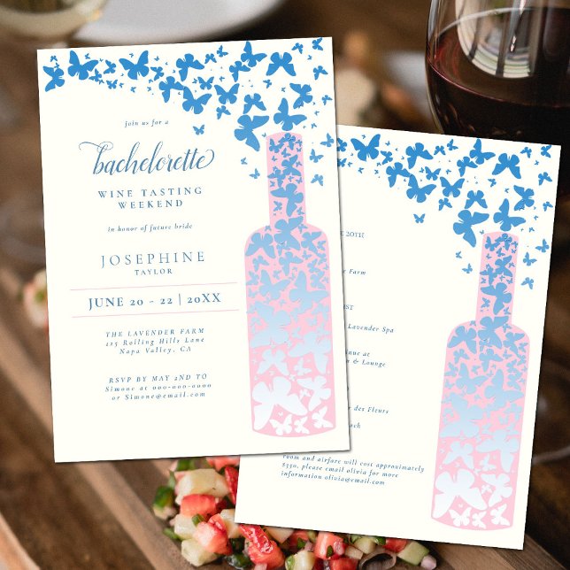 Wine Tasting Bachelorette Weekend Butterflies Blue Invitation (Creator Uploaded)