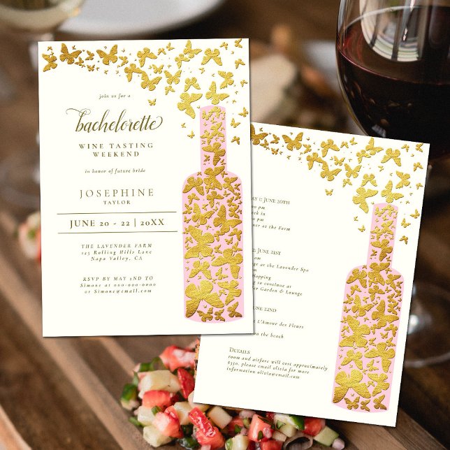 Wine Tasting Bachelorette Weekend Butterflies Gold Invitation (Creator Uploaded)
