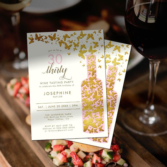 Wine Tasting Boho Butterflies Pink 30th Birthday Invitation (Creator Uploaded)