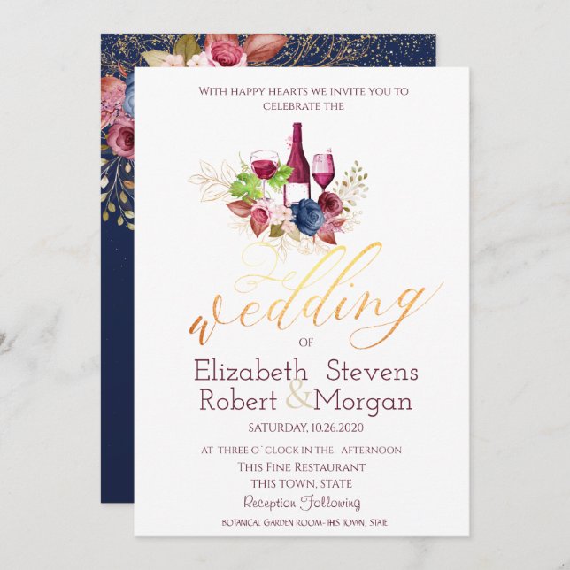Wine Tasting Burgundy Flowers Navy Blue Wedding  Invitation (Front/Back)