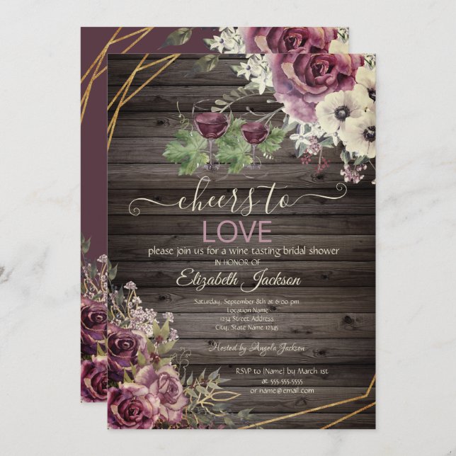 Wine Tasting Burgundy Flowers Wood Bridal Shower Invitation (Front/Back)