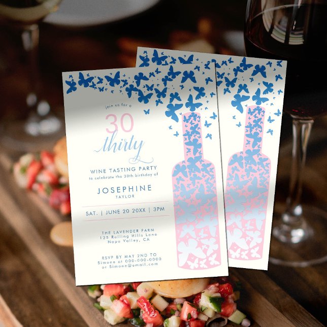 Wine Tasting Butterflies Powder Blue 30th Birthday Invitation (Creator Uploaded)
