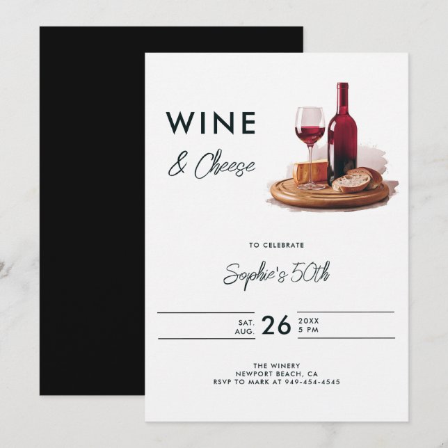 Wine Tasting Cheese Winery Modern 50th Birthday Invitation (Front/Back)