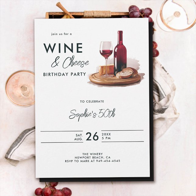 Wine Tasting Cheese Winery Modern 50th Birthday Invitation (wine cheese birthday party invitation 50th fifty modern elegant watercolor)