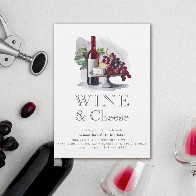 Wine Tasting Cheese Winery Party 50th Birthday Invitation (wine and cheese birthday party invitation 50th fifty modern elegant watercolor)