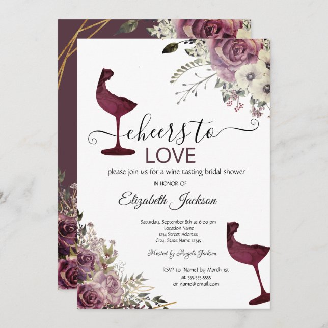 Wine Tasting Floral Burgundy Bridal Shower  Invitation (Front/Back)