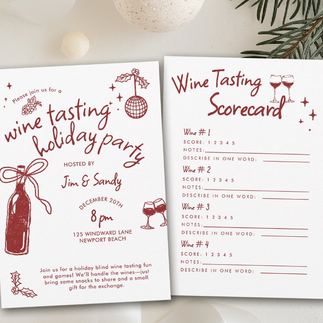 Wine Tasting Party Scorecard Game Doodle Holiday  Invitation (wine tasting holiday party drinks hand drawn winery charcuterie friendsmas blind christmas santa)