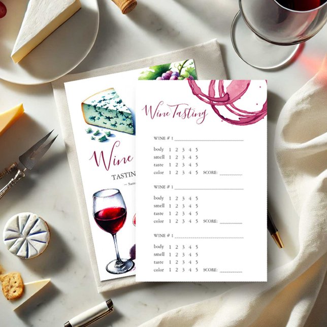 Wine Tasting Rating Scorecard Flyer (Wine tasting scorecard features watercolor illustrations and a unique design by Victoria Grigaliunas)