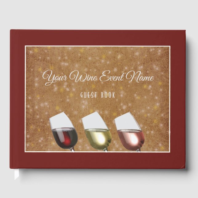 Wine Tasting with glasses of wine, starry gold Guest Book (Front)