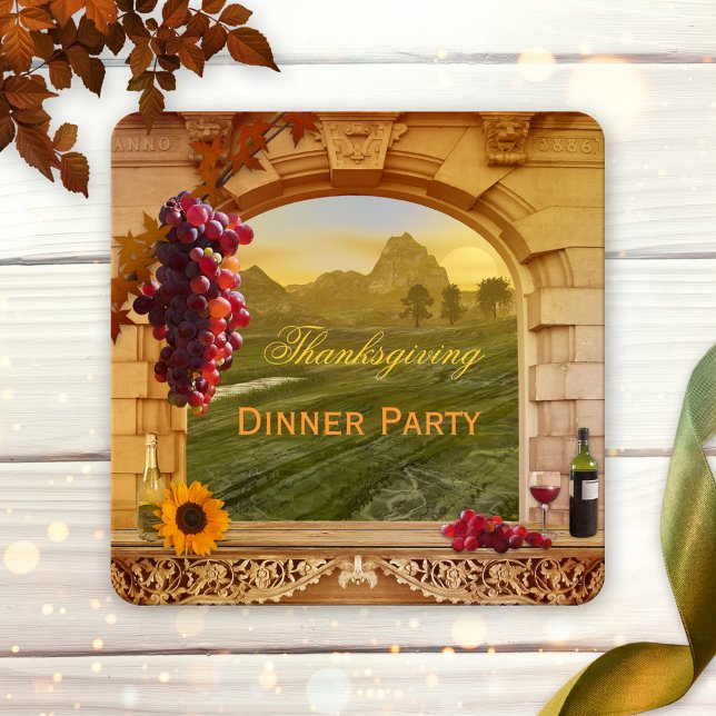 Wine Thanksgiving Dinner Party Invitation (Thanksgiving dinner party invitation with wine theme and a painting of an Italian style landscape)