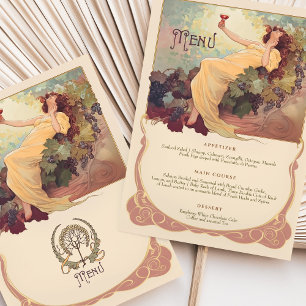 Wine Theme Art Nouveau Wedding Dinner Menu Floral Invitation