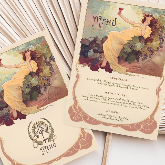 Wine Theme Art Nouveau Wedding Dinner Menu Floral Invitation (Creator Uploaded)