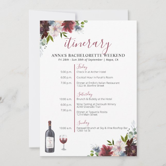 Wine Themed Bachelorette Itinerary Invitation (Front)