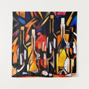 Wine themes in the style of cubism. Bottles, glass Tapestry
