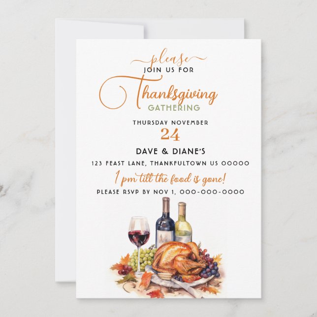 Wine & Turkey Thanksgiving Gathering  Invitation (Front)