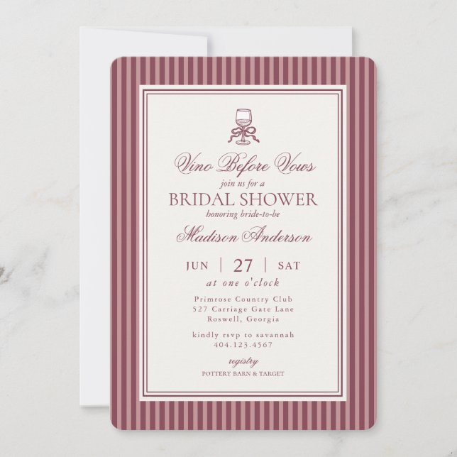 Wine Vineyard Club Old Money Striped Bridal Shower Invitation (Front)
