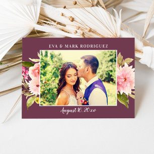 Wine Watercolor Flowers Wedding Photo Thank You Card