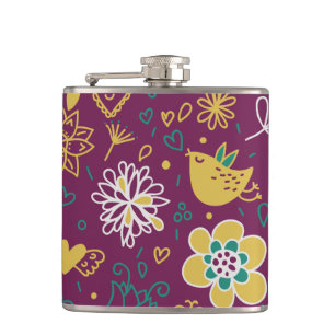 Wine Whimsical Birds and Flowers Hip Flask