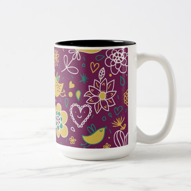 Wine Whimsical Birds and Flowers Two-Tone Coffee Mug (Right)