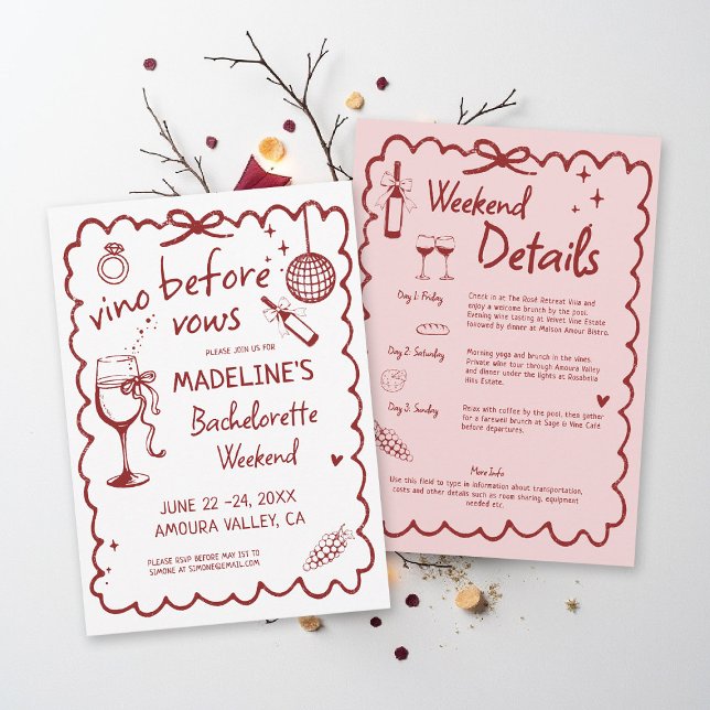Winery Bachelorette Vino Before Vows Red Itinerary Invitation (winery bachelorette party invitation hand drawn calligraphy burgundy red pink vino before vows)