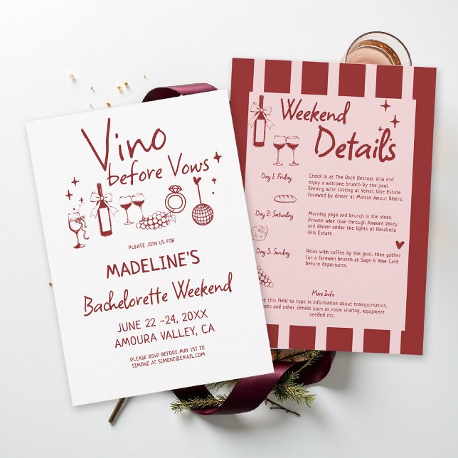 Winery Bachelorette Wine Tasting Red Itinerary Invitation (winery bachelorette party invitation wine tasting girls trip weekend burgundy red stripes)