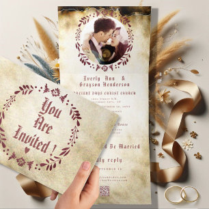 Winery Deep Burgundy Red Floral Wreath Wedding Tri-Fold Invitation