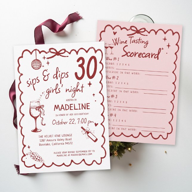 Winery Girls Night Out Wine Tasting 30th Birthday Invitation (winery girls night out birthday invitation wine tasting scorecard red burgundy pink napa sonoma )