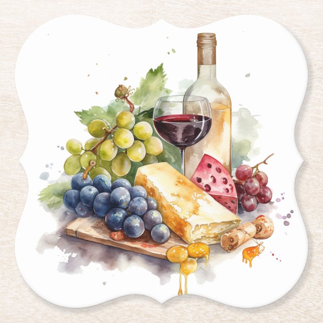  Winery Grapes Cheese Wine Glass Watercolor Paper Coaster (Front)