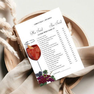 Winery He said she said Bridal shower game card