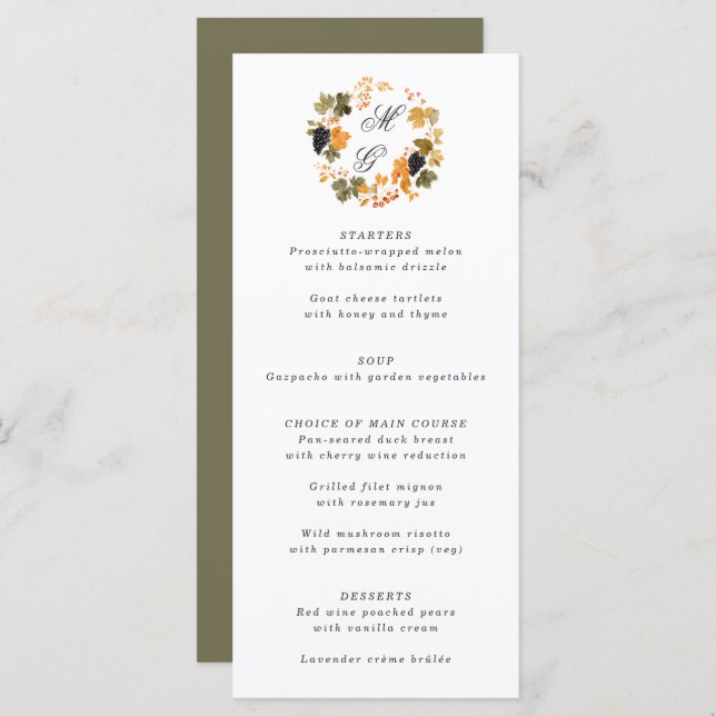 Winery Monogram Fall Wreath Vineyard Wedding Menu (Front/Back)