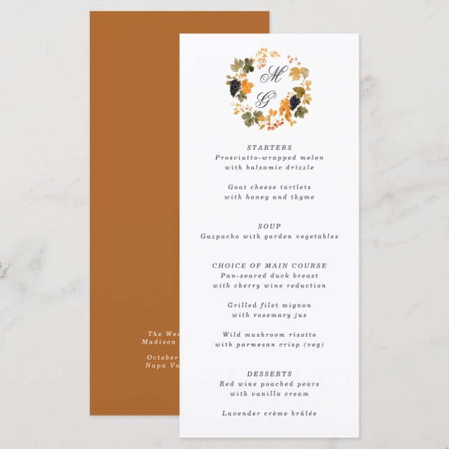 Winery Monogram Fall Wreath Vineyard Wedding Menu (Front/Back)